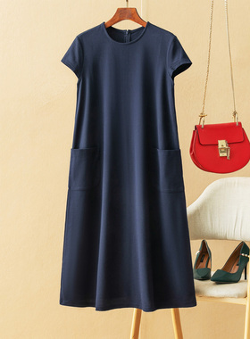 蛮文 高级感十足 知性利落 侧大口袋气质小飞袖藏青色连衣裙5A115