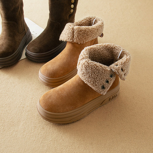 4E081 高保暖羊羔毛内里可翻边雪地靴厚底中筒靴冬 蛮文 利落秀气