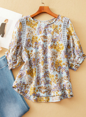 蛮文 波西米亚民族风黄紫印花 100%苎麻 法式镂空上衣小衫女58126