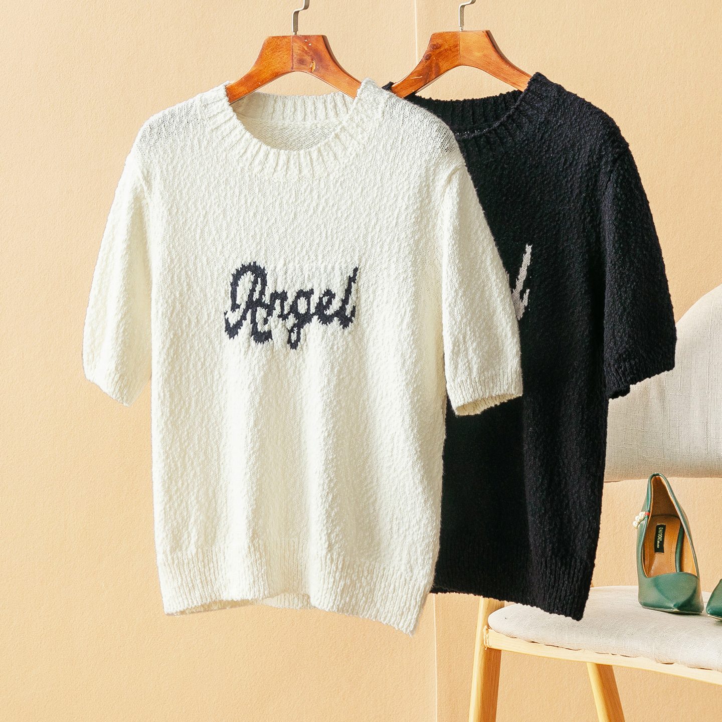 蛮文 云朵般柔软 香港品牌特种豆豆纱 法式优雅慵懒针织短袖59108