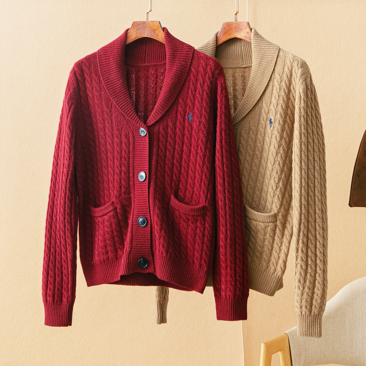 蛮文 美式复古老钱风 经典麻花织青果小翻领纯羊毛开衫毛衣 69005