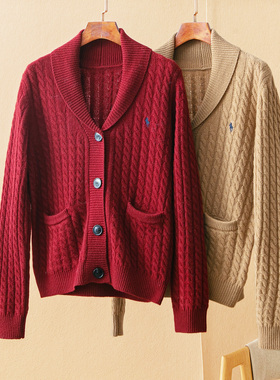 蛮文 美式复古老钱风 经典麻花织青果小翻领纯羊毛开衫毛衣 69005