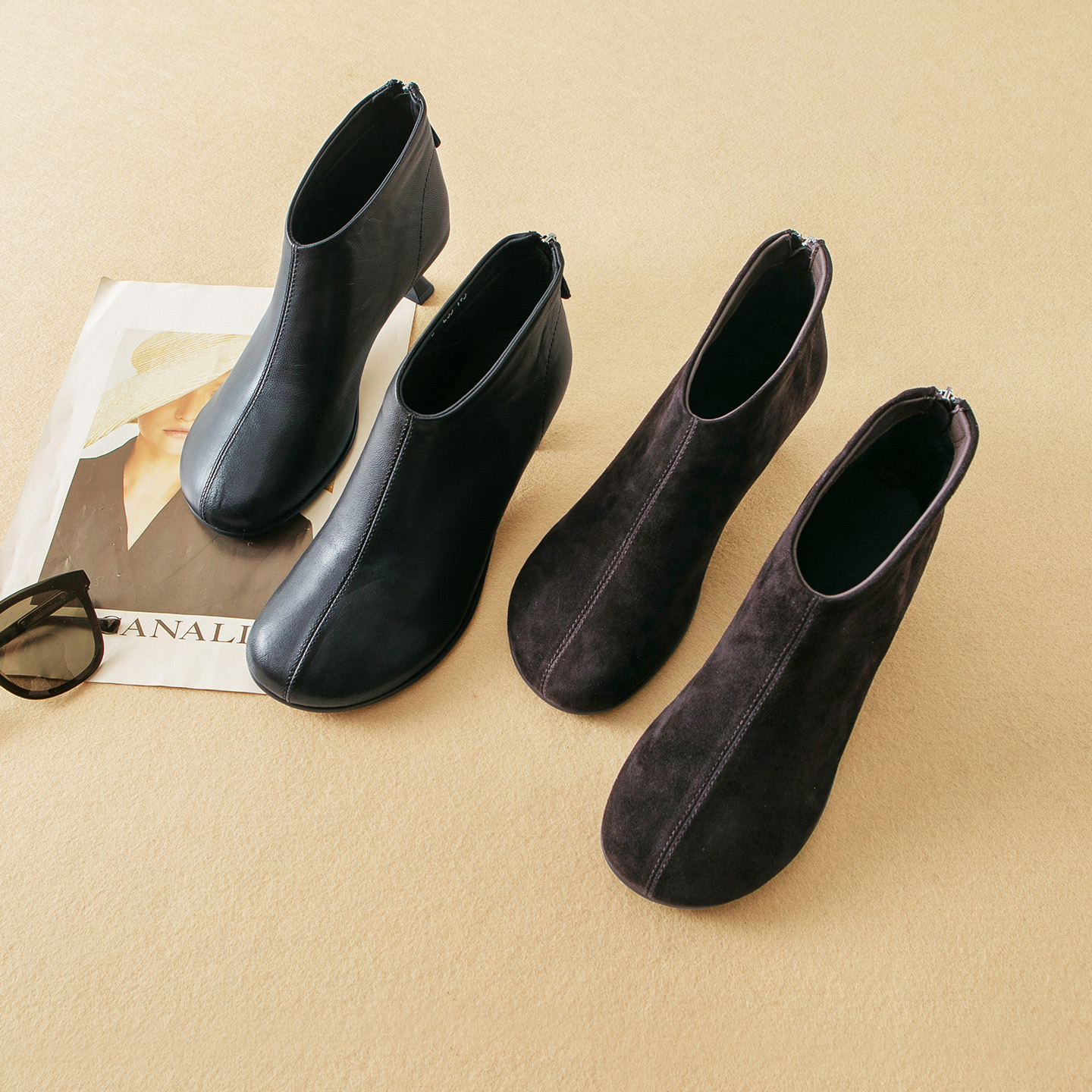 蛮文 优雅复古 JI简微圆头 内加绒超稳酒杯跟羊皮及踝短靴女5E077