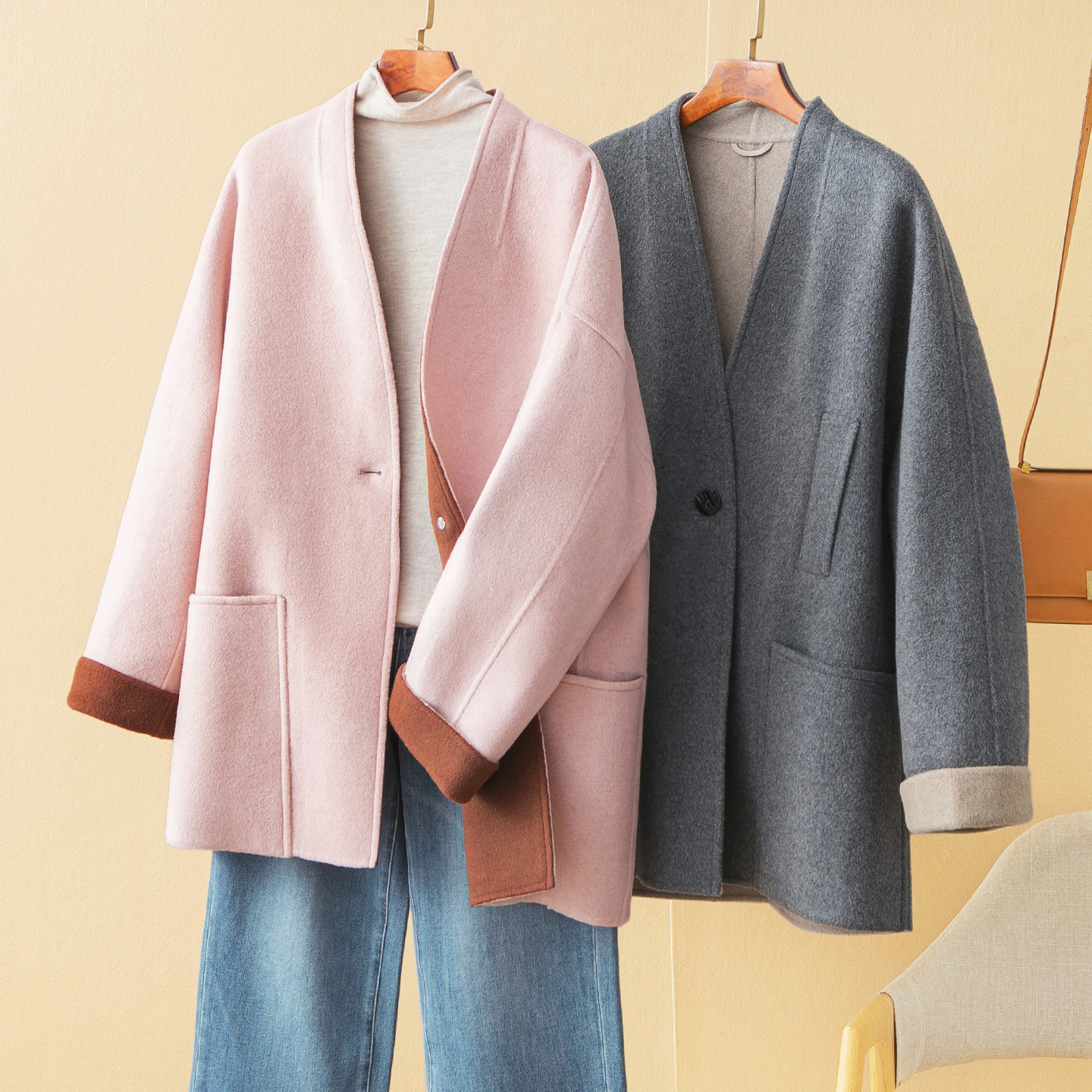 蛮文 极简DA牌  山羊绒+绵羊毛奢料双面双色宽松遮肉V领大衣56247