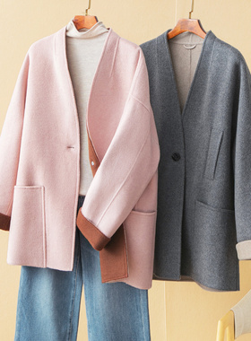 蛮文 极简DA牌  山羊绒+绵羊毛奢料双面双色宽松遮肉V领大衣56247