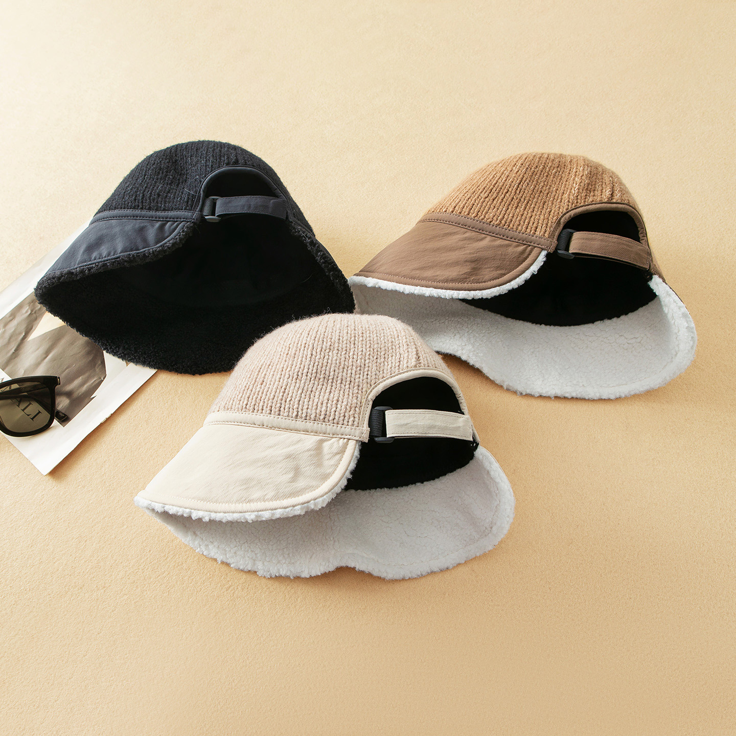 蛮文 高品质韩单 羊羔绒拼针织 时髦显脸小轻运动秋冬渔夫帽5K028