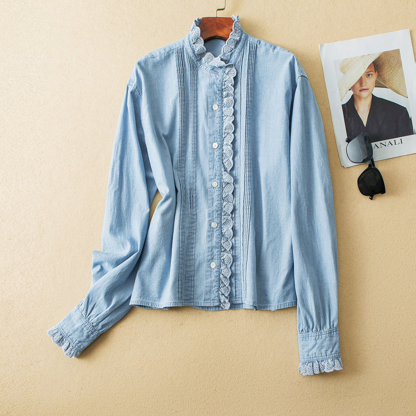 蛮文 全是工艺 法式复古浪漫刺绣花瓣小立领+风琴褶牛仔衬衫68001,女装/女士精品,衬衫,淘宝优惠券,粉丝福利购,淘宝优惠卷