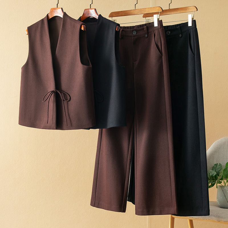 蛮文 一套穿气质优雅小众 轻奢斜纹羊毛料V领斜门襟系带马甲+长裤