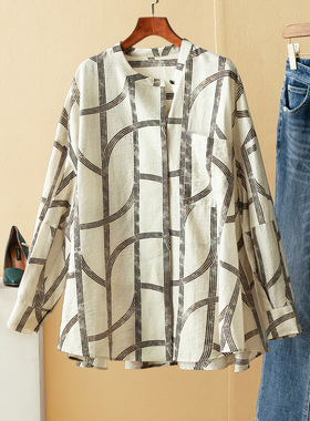 蛮文 超大牌 气质圆领艺术感线条印花 莱赛尔亚麻廓版衬衫女58191