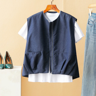 56156 牛仔蓝花苞廓形早秋叠搭拉链马甲女 蛮文 立体剪裁时髦有型