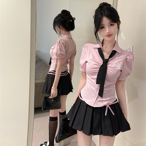 实拍实价学院风套装jk制服减龄修身领带衬衫纯欲显瘦百褶裙工作服