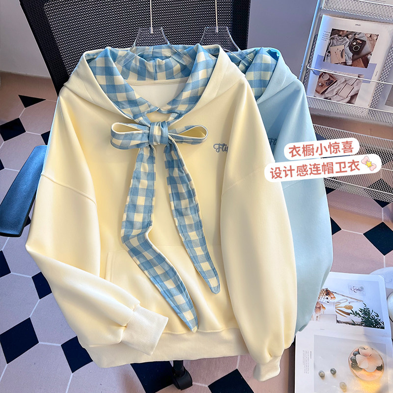 思洛伊实拍2025甜美格子蝴蝶结绑带连帽卫衣秋新款设计感宽松外套