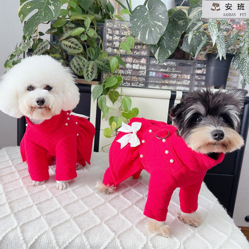 安班泰迪加厚包肚四脚棉衣比熊狗犬保暖喜庆红公主裙新年牵引冬装