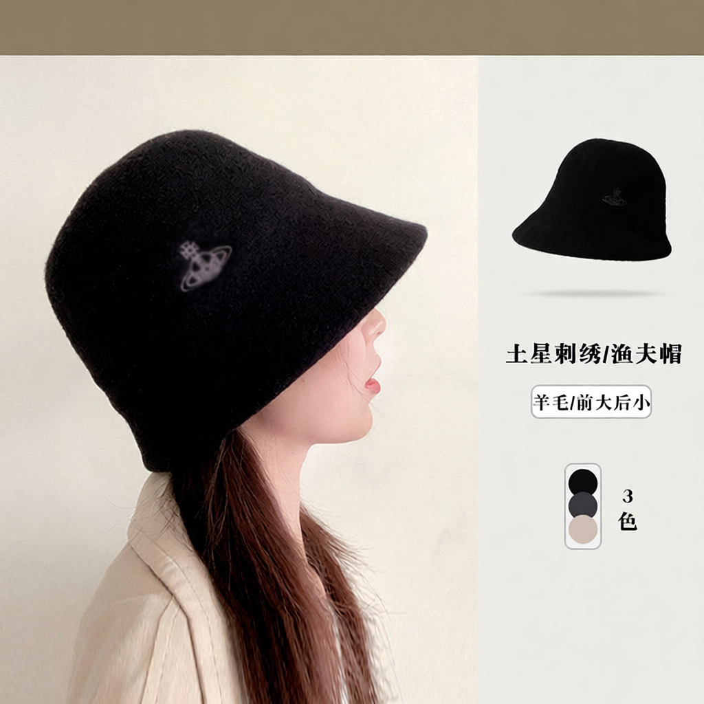 日本泫雅全羊毛帽子同款太后土星刺绣logo渔夫帽复古百搭时尚盆帽