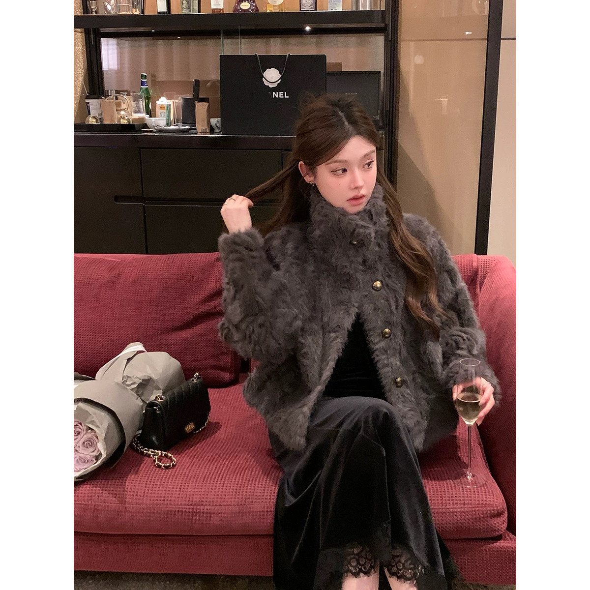 2025新款立领环保小湖羊女短款小个子仿皮草外套毛毛上衣女百搭