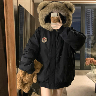 藏青色小熊耳朵毛领棉服女男冬加厚连帽派克服宽松棉衣外套 实拍