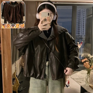 实拍 针织拼接领黑皮衣女2025秋冬季新款时髦短款加绒保暖皮夹克