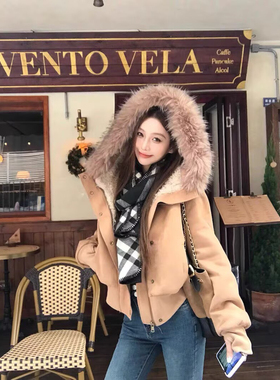 PPHOME美式复古大毛领连帽短款外套女冬季加厚保暖高级感棕色棉服
