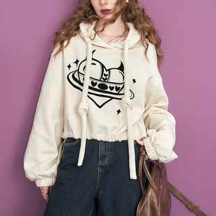 加绒短款连帽卫衣女2025秋冬新款多巴胺小个子宽松长袖套头上衣潮