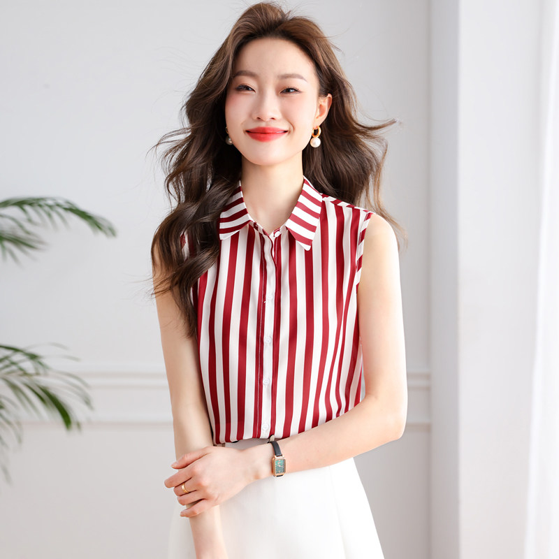 杭州女装高端欧货2024夏季高端雪纺女条纹背心衬衫领无袖真丝上衣