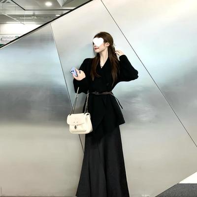 慵懒风高级感中长款黑色针织开衫毛衣外套秋冬季女新款小个子