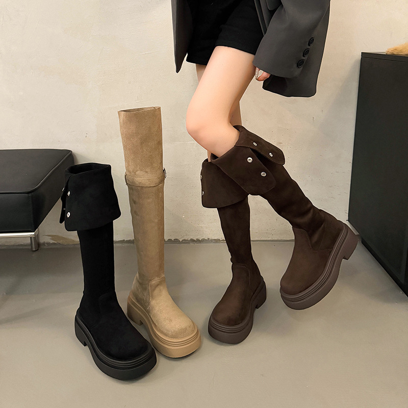 两穿翻折厚底长筒靴子女2025年春秋季新款粗跟过膝高筒骑士靴子