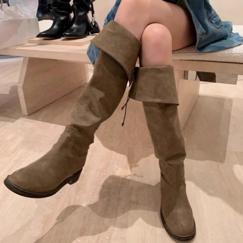2025年新款长筒靴女翻边两穿堆堆靴圆头宽松版显瘦靴高筒骑士靴