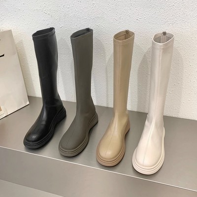 靴子女长筒靴2025年新款秋冬季小个子白色粗腿显瘦平底高筒骑士靴
