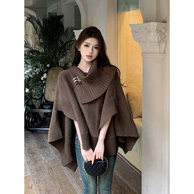 慵懒风宽松百搭斗篷毛衣针织衫女秋冬新款感温柔欲软糯上衣