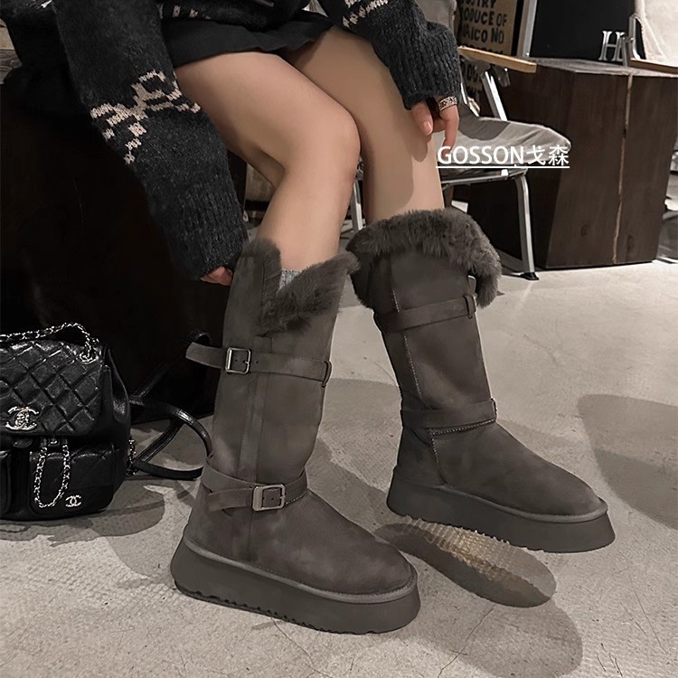 灰色雪地靴女2025冬季新款厚底增高加绒加厚长筒雪地棉鞋