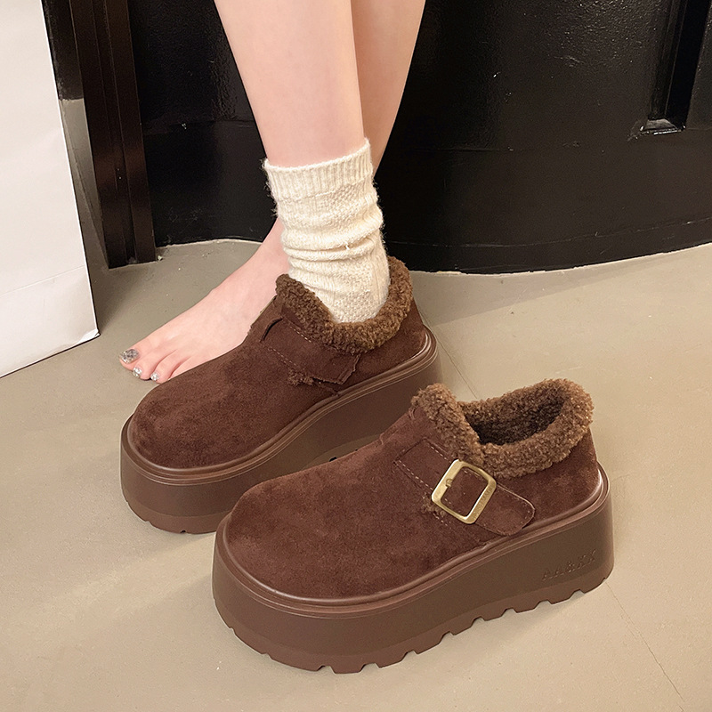 复古法式厚底加绒全包勃肯鞋女2025新款冬季保暖防滑毛毛棉鞋子