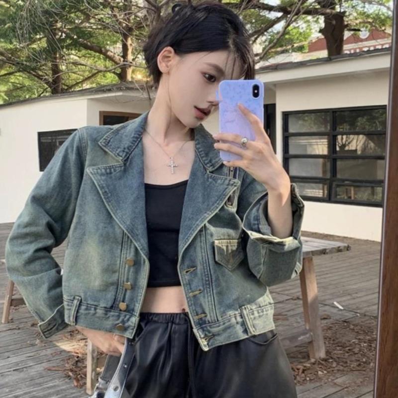 复古西装领牛仔外套女春秋设计感小个子短款显瘦休闲夹克上衣