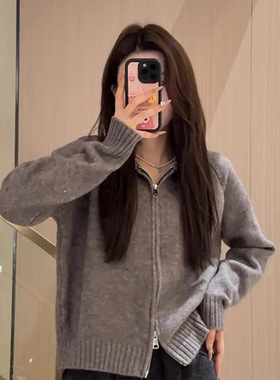 灰色高级感慵懒风连帽针织衫女秋冬韩版设计感短款毛衣外套A8835