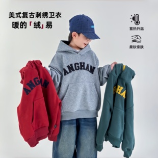 男童加绒卫衣秋冬装连帽加厚保暖一体绒中大童儿童红色新年衣服潮