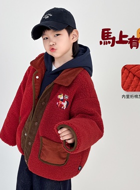 男童红色棉服夹棉外套新年冬季加厚儿童棉衣女宝宝拜年服小马棉袄