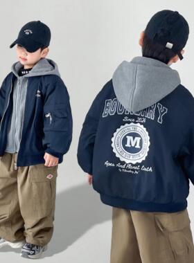 男童假两件连帽棉服外套男孩帅气棒球服儿童棉衣保暖夹棉加厚棉袄