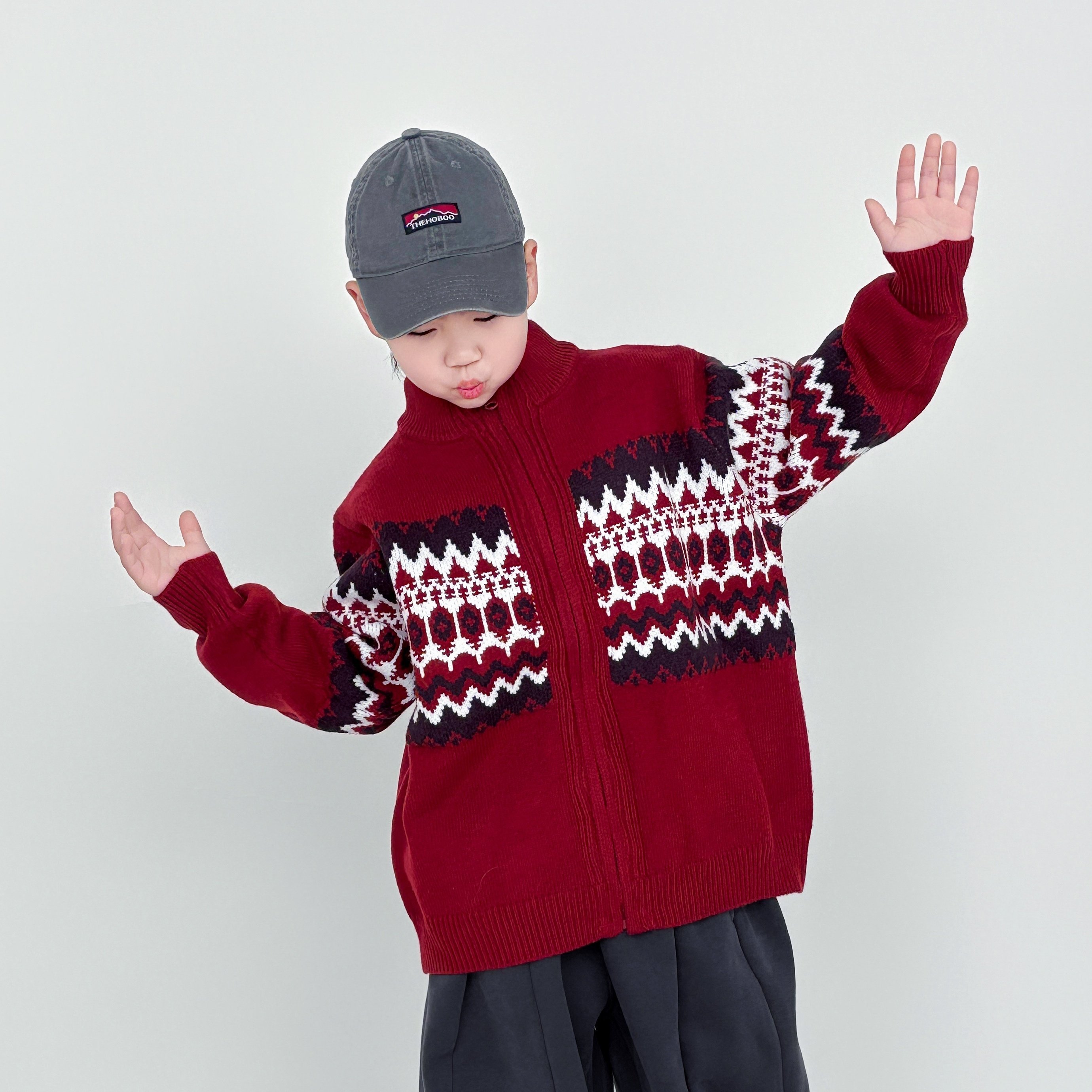 儿童红色毛衣外套费尔岛提花新年喜庆拉链加厚中大童男童针织开衫