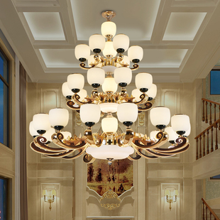 复式楼中楼梯挑空跃层轻奢华复古玉石水晶灯具欧式别墅客厅大吊灯