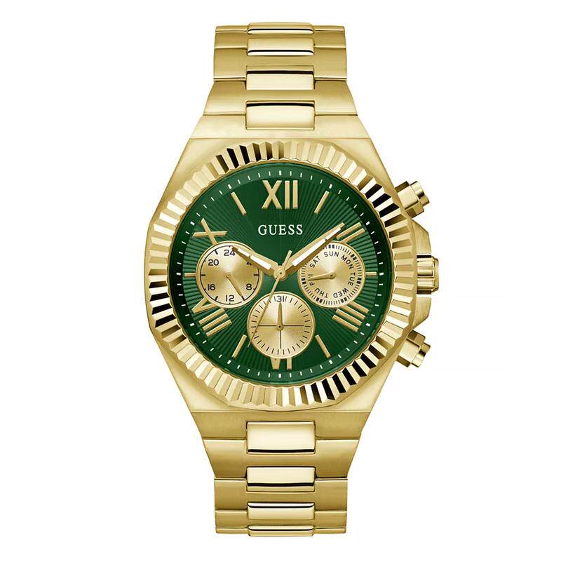 代购GUESS男士腕表计时夜光日期多时区金属防水钢带金色商务运动