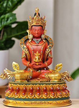 尼泊尔工艺热矿彩着色长寿佛彩绘无量寿佛纯铜手工錾刻佛像摆件