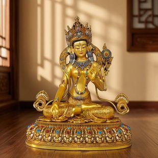 尼泊尔工艺黄铜鎏金白度母佛像纯铜手工錾刻精雕白度母像供奉摆件
