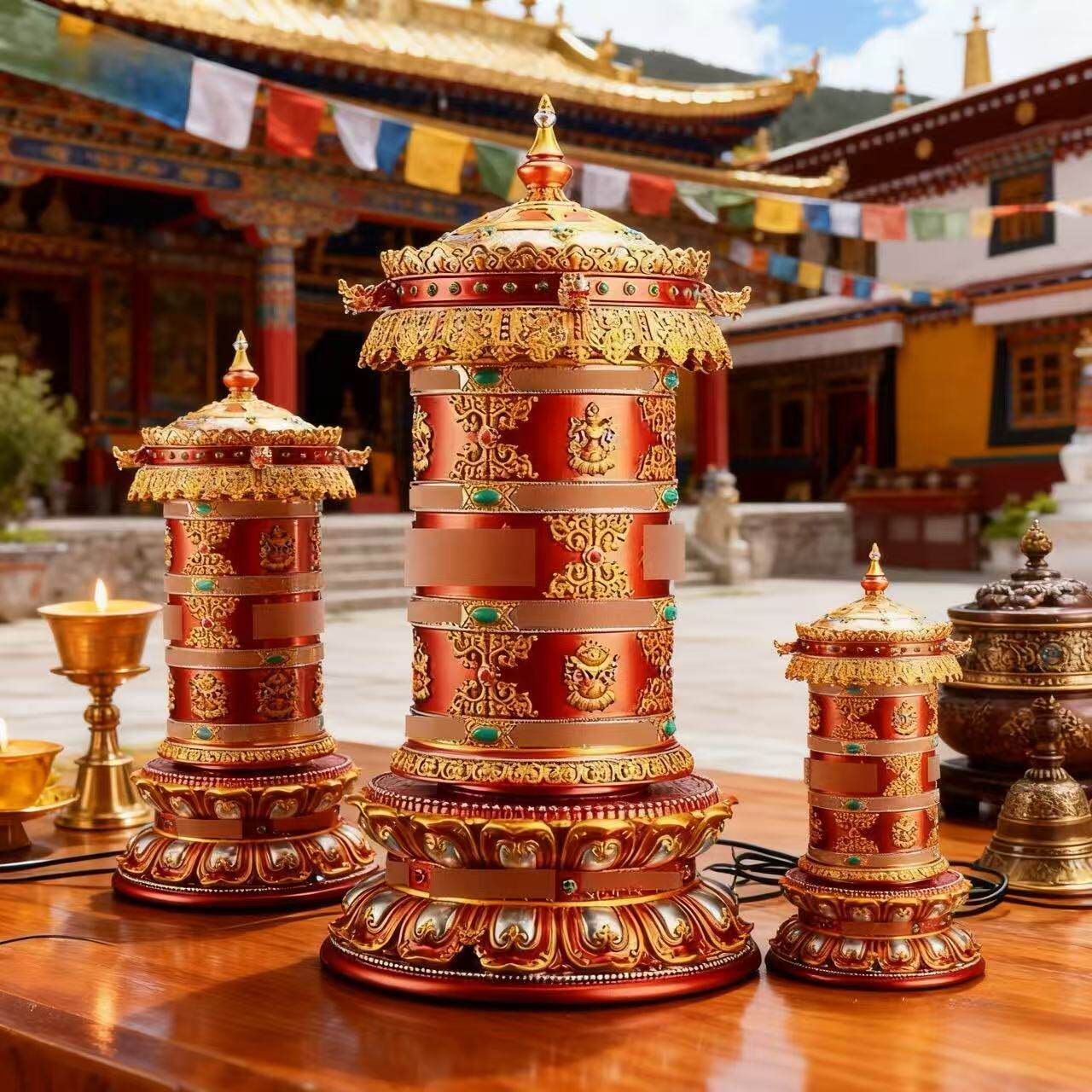 藏式树脂插电转轮纯铜龙头天珠电动转轮电动转桶六字转轮摆件