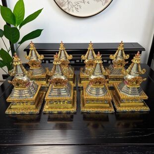 尼泊尔工艺精工黄铜鎏金鎏银如来八塔摆件纯铜手工錾刻菩提塔佛塔
