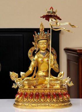 尼泊尔工艺大白伞盖佛母半彩绘鎏金纯铜手工錾刻供奉铜雕佛像摆件