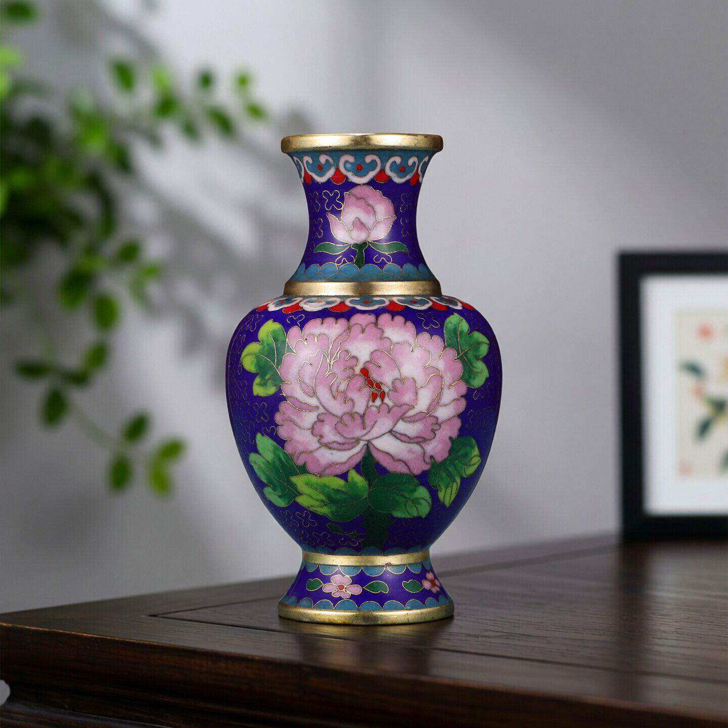 景泰蓝牡丹花花瓶花开富贵手工铜胚掐丝珐琅插花宝瓶装饰供奉摆件