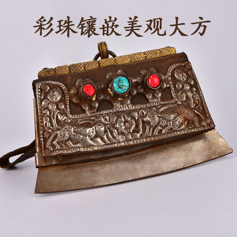 藏式尼泊尔铁牛皮雕花铁火镰镶嵌彩珠腰链打火石腰间配饰装饰摆件