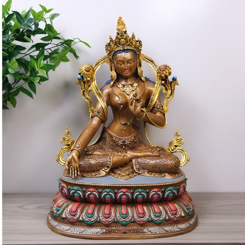 尼泊尔工艺仿古鎏金白度母纯铜手工錾刻白度母菩萨铜佛像供奉摆件