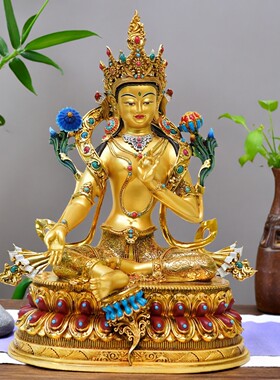 尼泊尔工艺精工铜制半彩绘绿度母佛像纯铜手工錾刻供奉菩萨像摆件