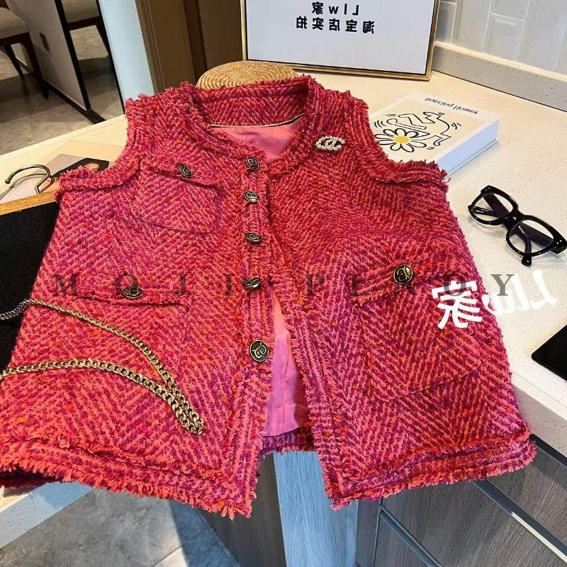 中长款小香风粗花呢编织马甲