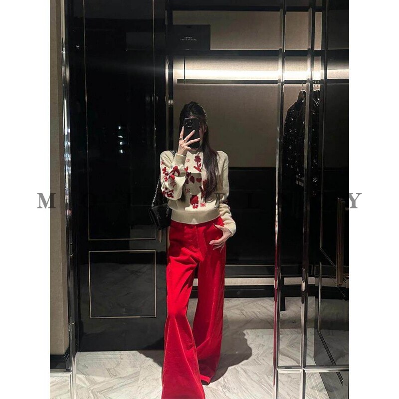 休闲裤花色针织上衣两件套装女